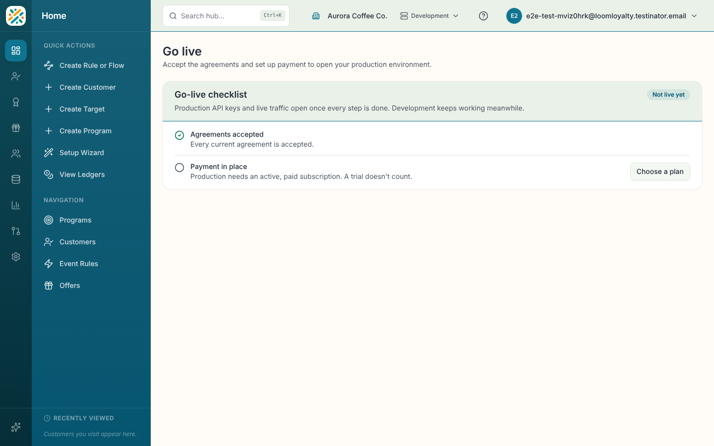 Go-live checklist with agreements and payment rows