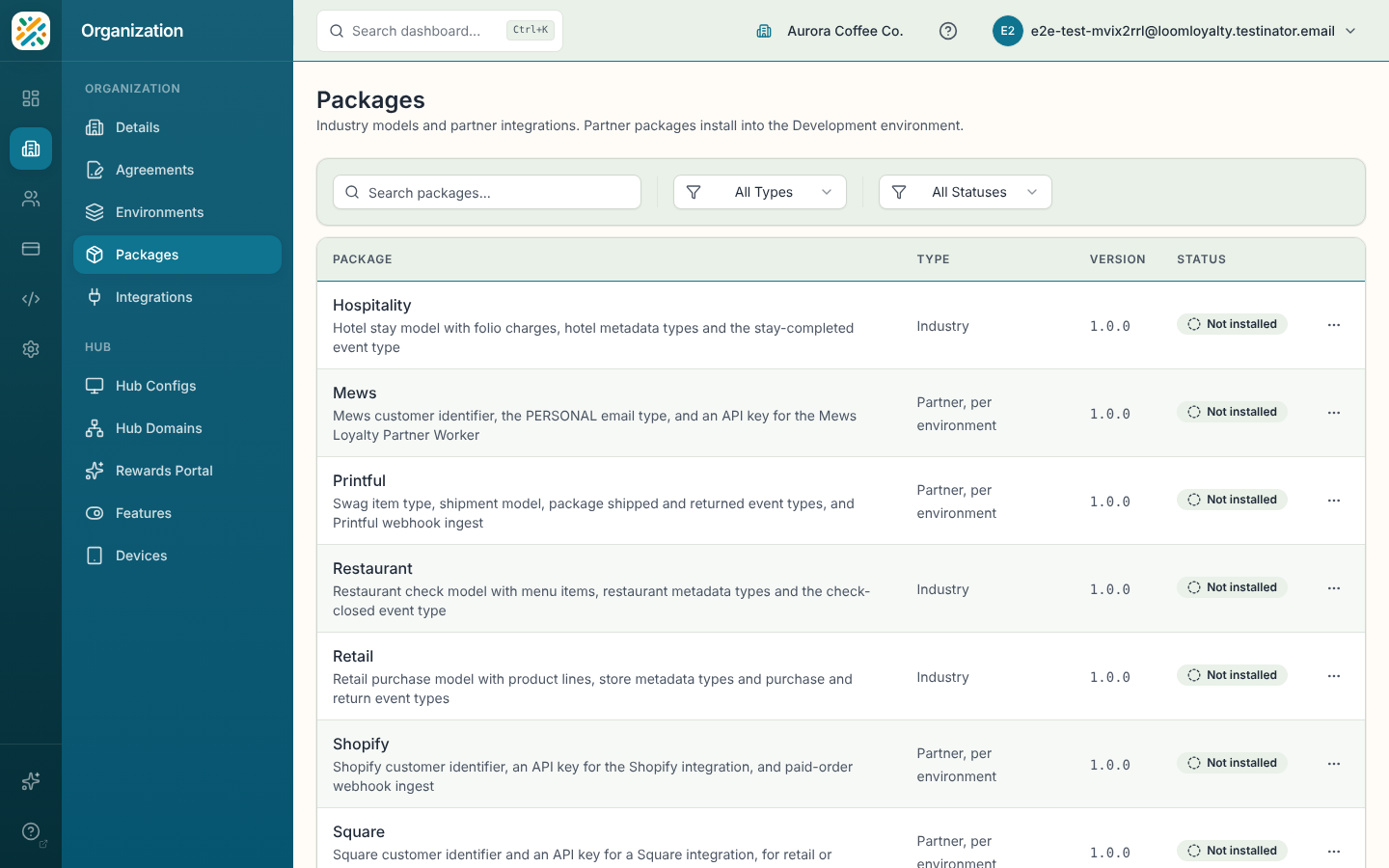 Packages catalog with statuses