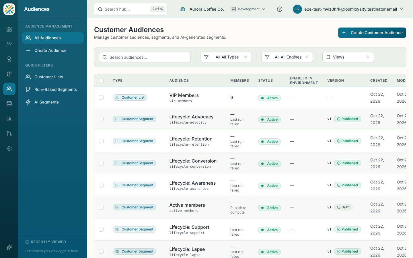 Audiences list with type and engine filters