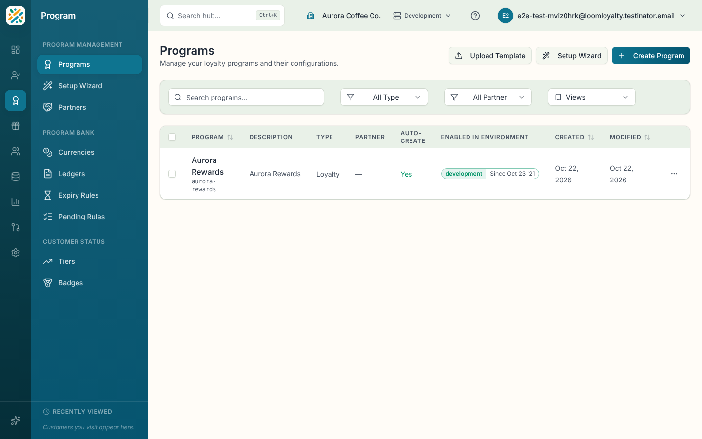 Programs list with search, filters and the Create Program button