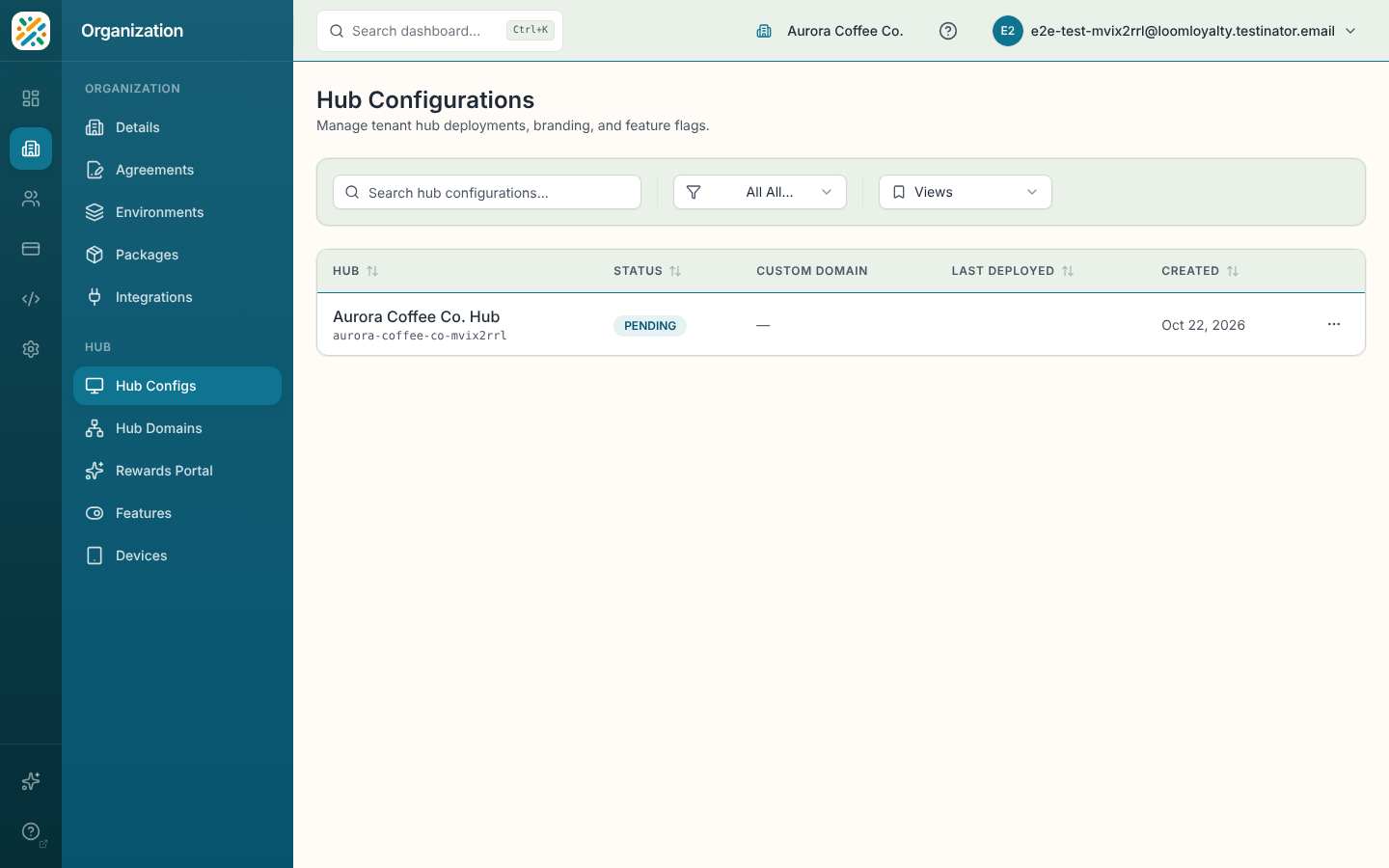 Hub Configurations list with status filter