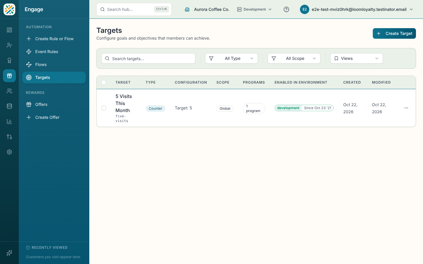 Targets list with type and scope filters