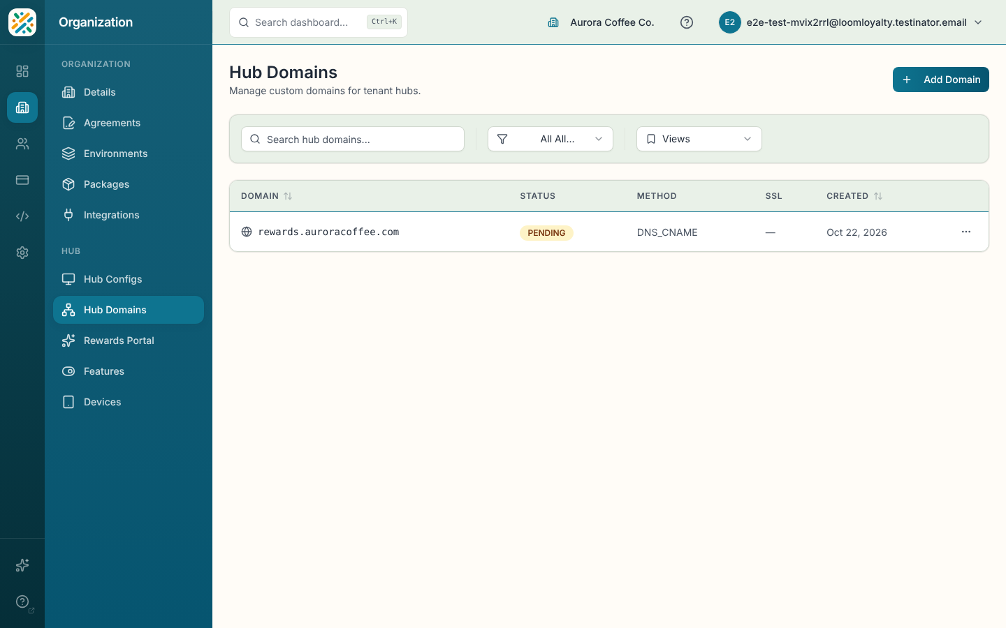 Hub Domains list with the Add Domain button