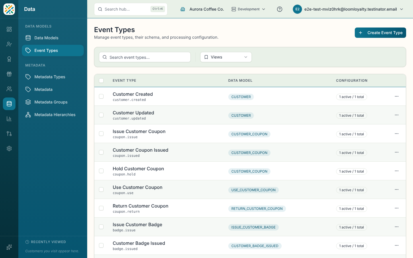 Event Types list with configuration counts