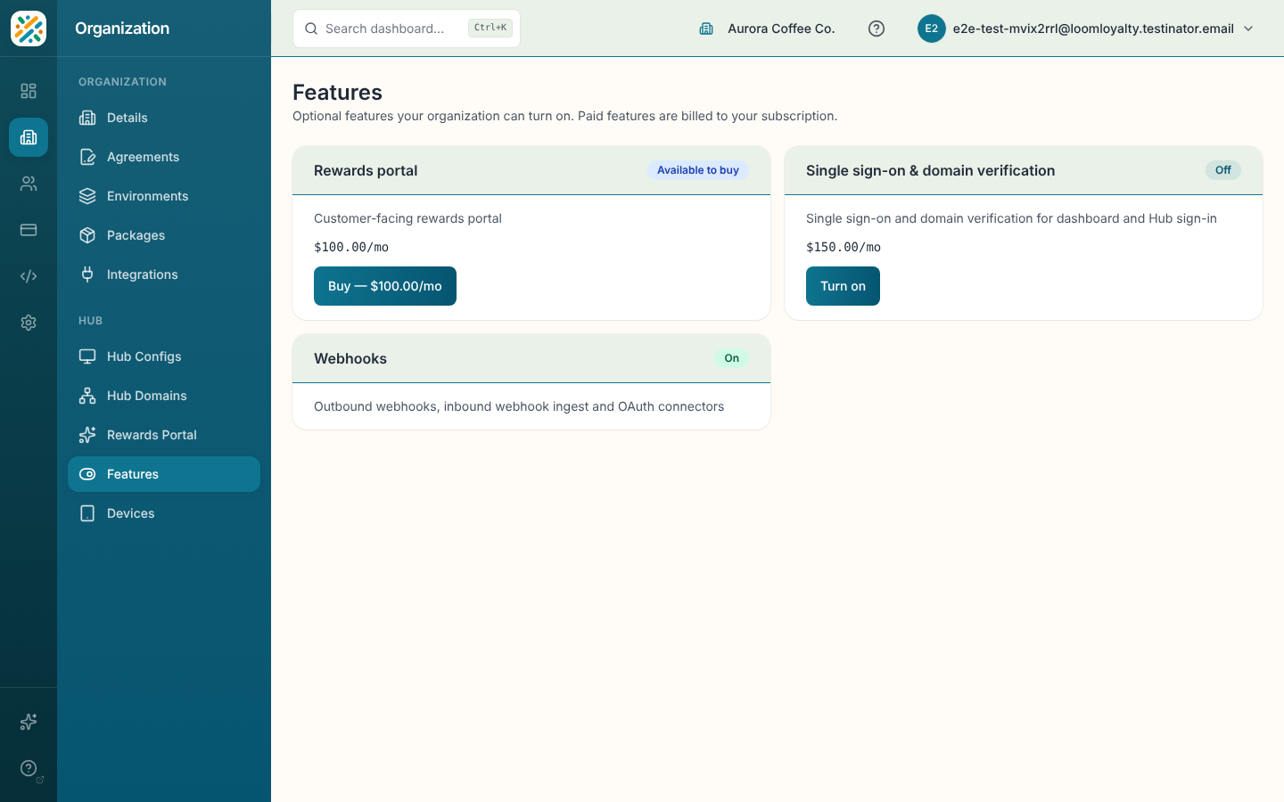 Features page with add-on cards and their statuses