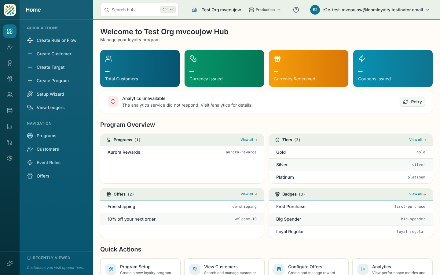 Hub home with program overview cards and quick actions