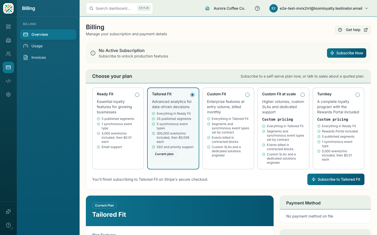 Billing overview with plan and subscription details