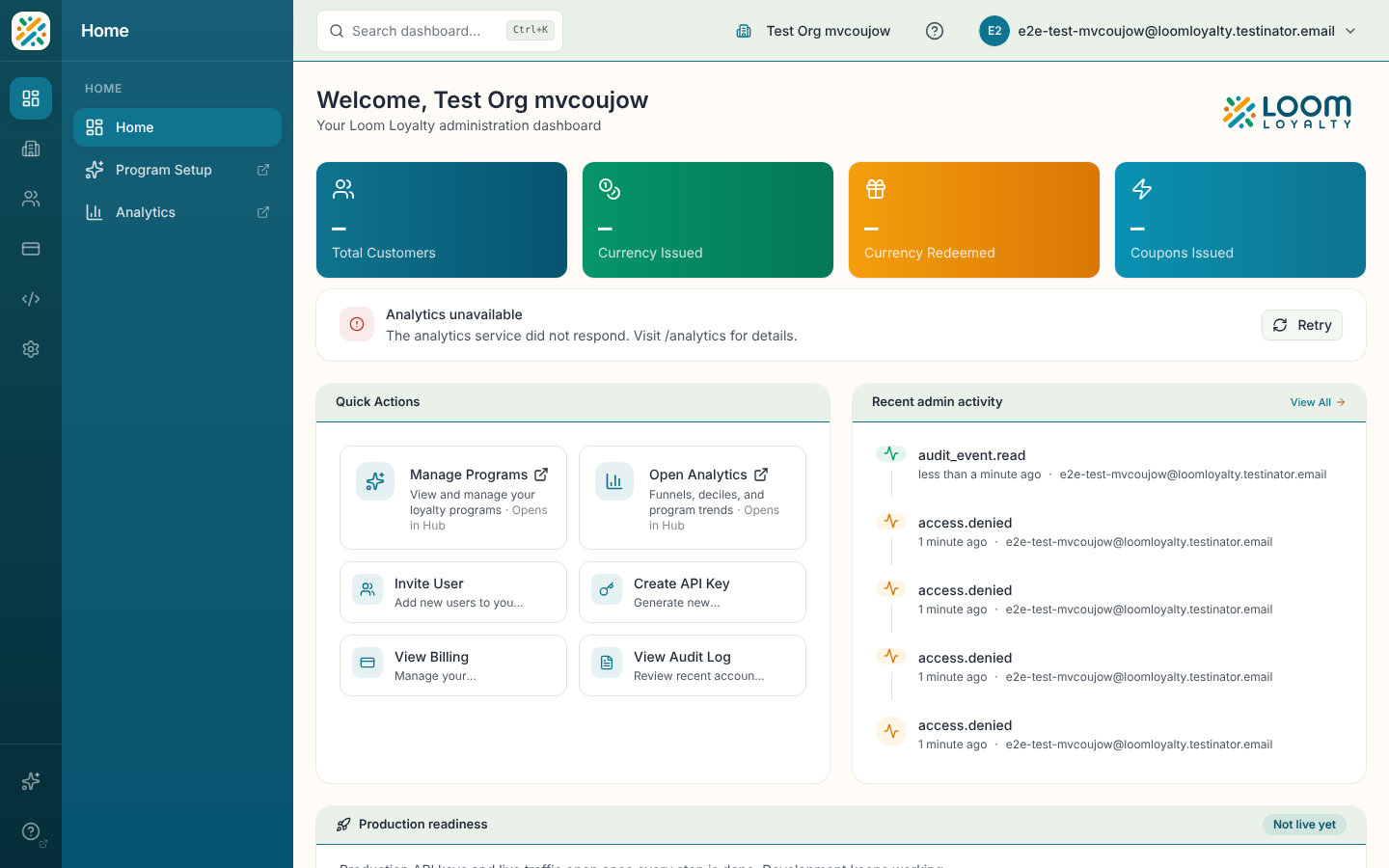 Dashboard home with key metrics, quick actions and recent admin activity