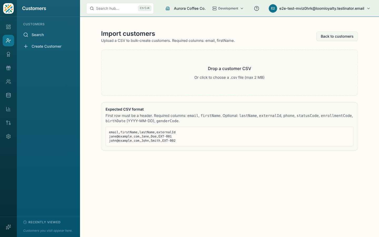 Customer import page with CSV drop zone