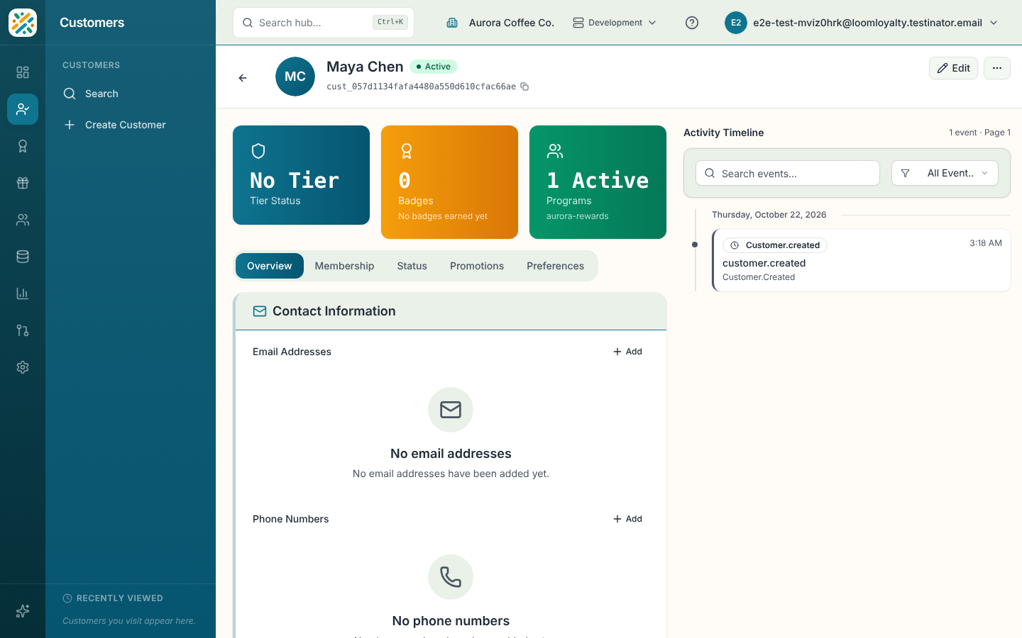 Customer profile with tabs and activity timeline
