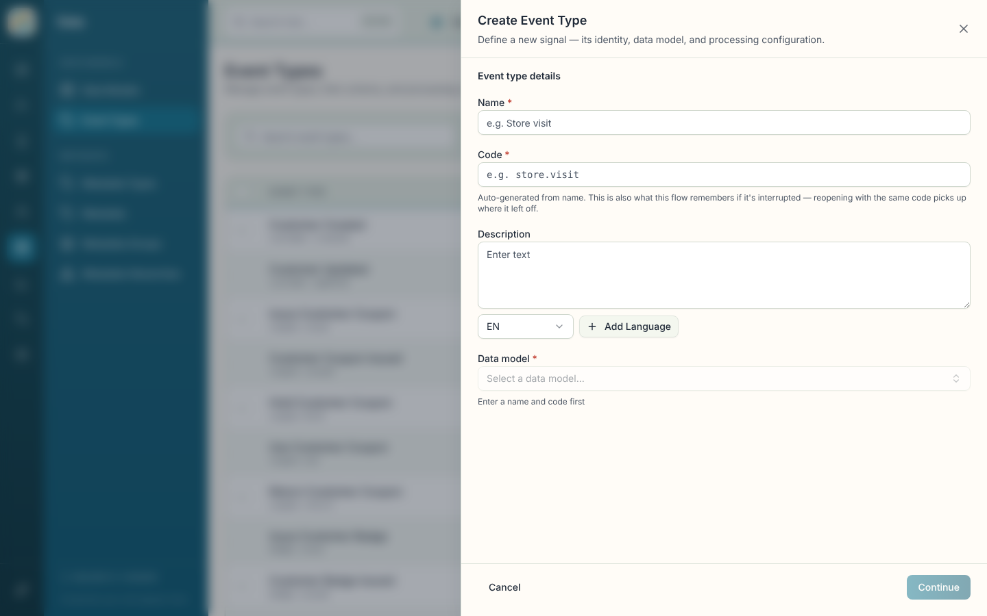Create event type sheet