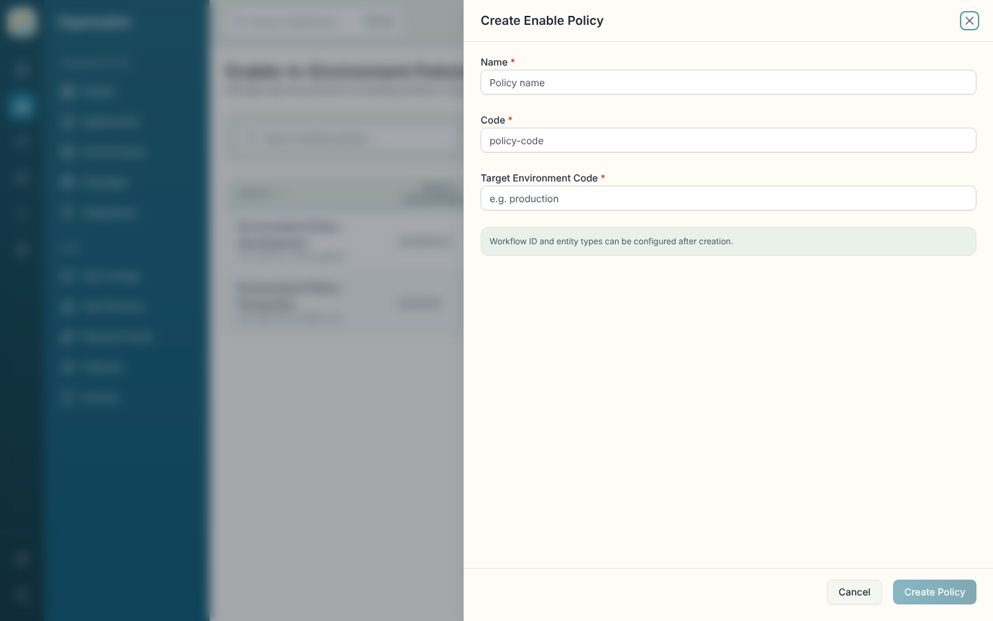 Create Enable Policy sheet