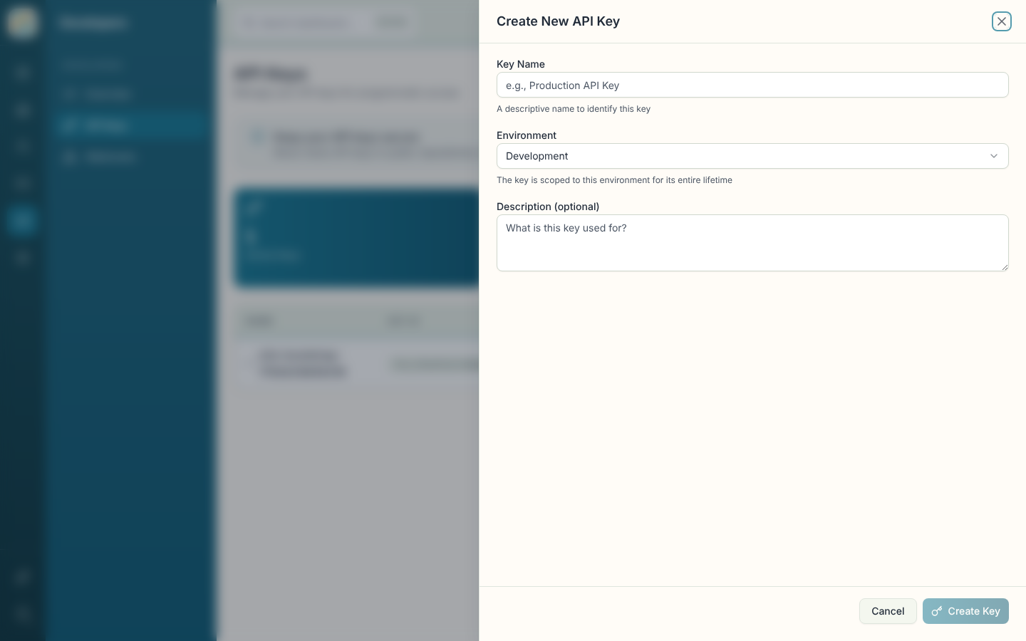 Create New API Key sheet