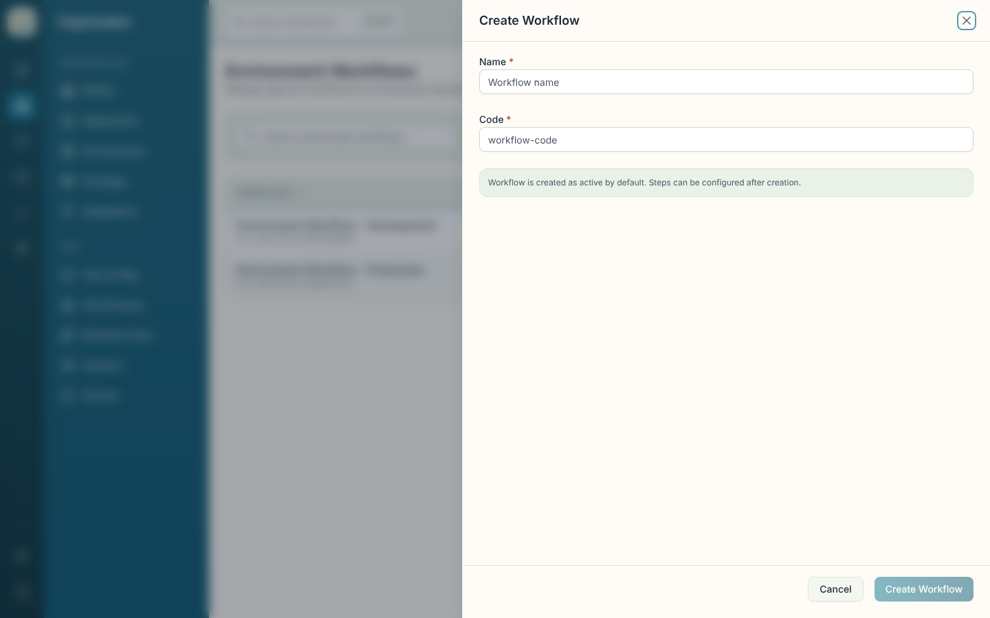 Create Workflow sheet