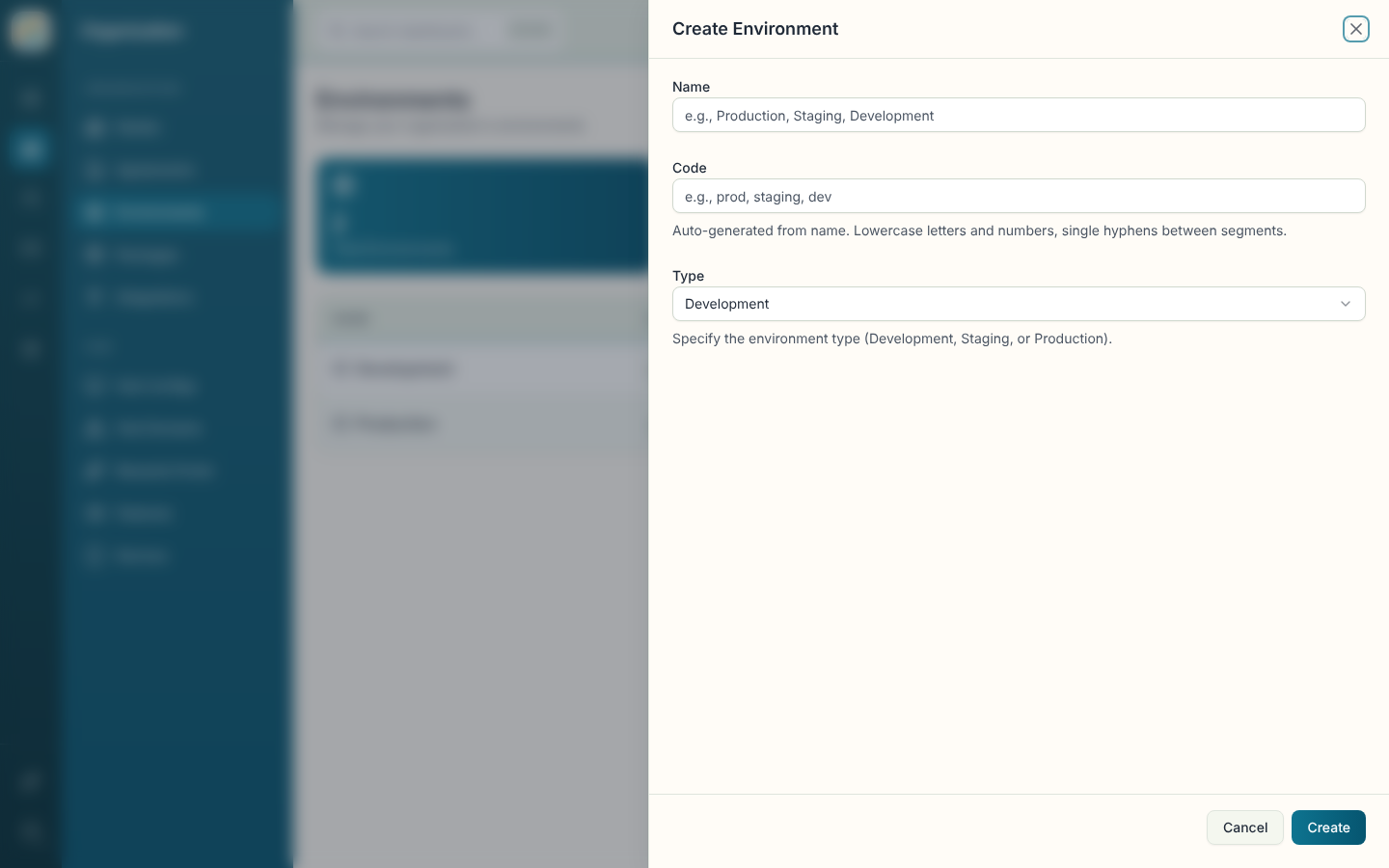 Create Environment sheet