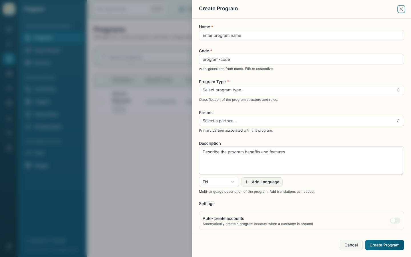 Create Program sheet
