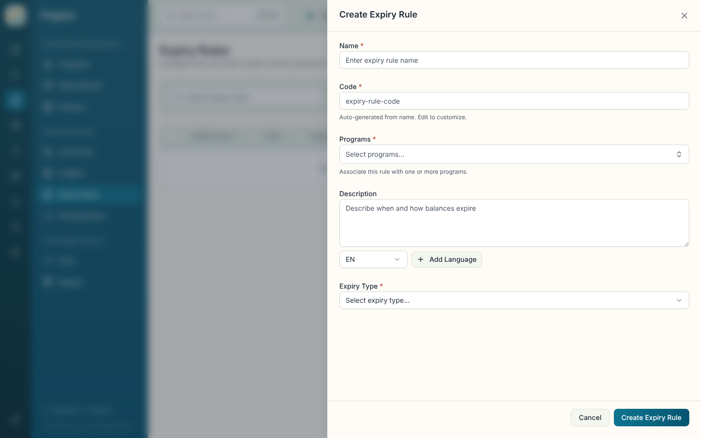 Create Expiry Rule sheet