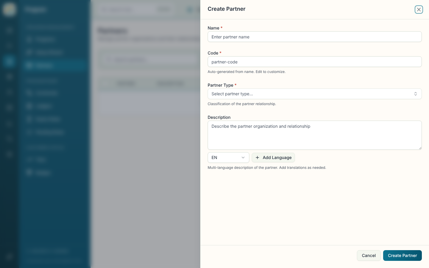 Create Partner sheet