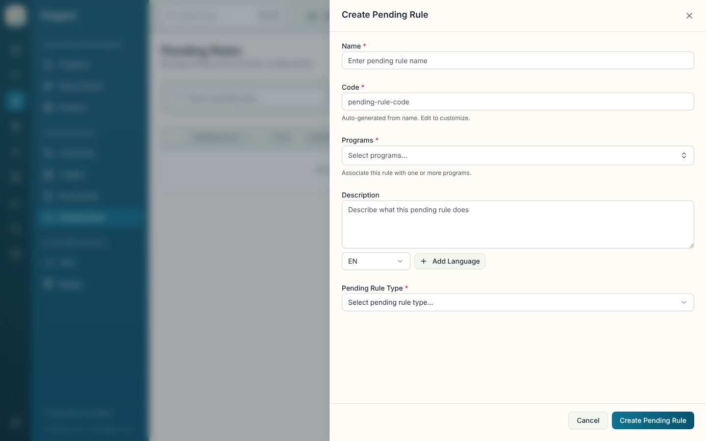 Create Pending Rule sheet