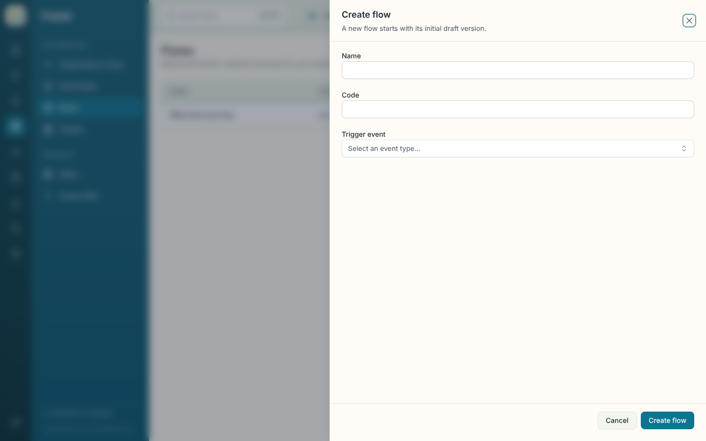 Create flow sheet with name, code and trigger event
