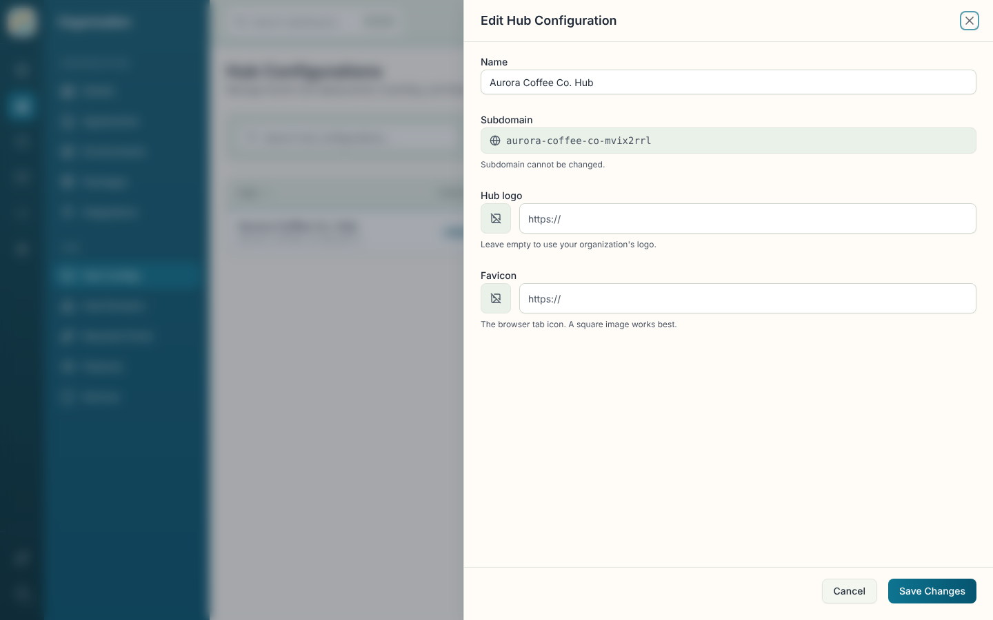 Edit Hub Configuration sheet with the name field