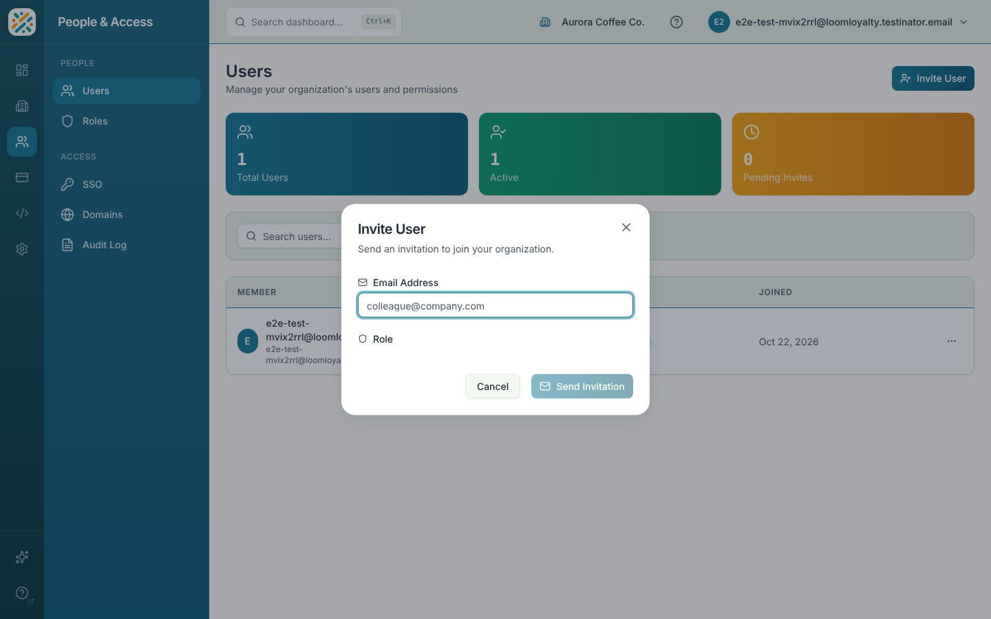 Invite User dialog with email and role choices