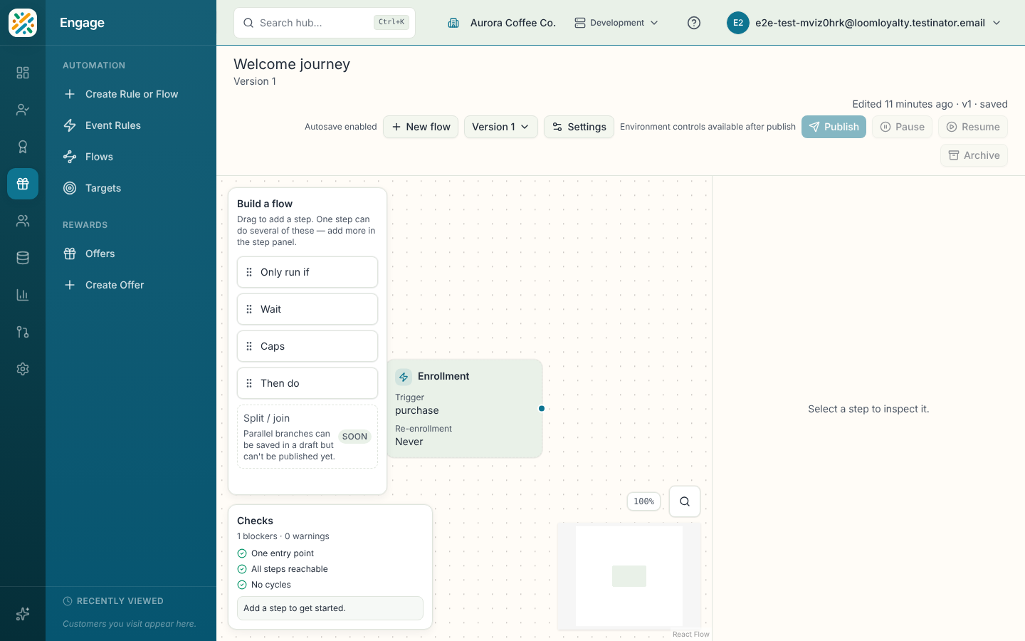 Flow builder canvas with the Build a flow panel and the Checks panel