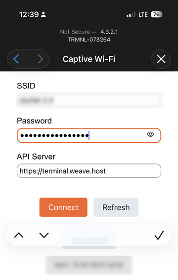 Wi-Fi page with SSID, Password and API Server filled in