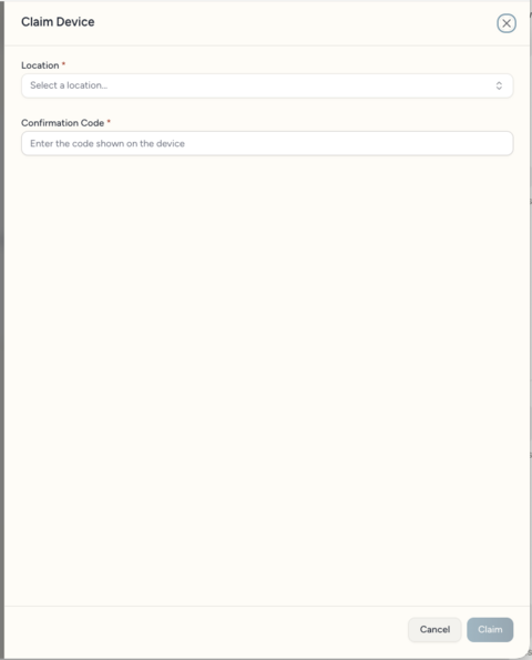 Claim Device panel with Location and Confirmation Code fields